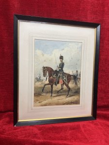 Historic Royal Hussars Military Illustration Watercolour By Henry Martens (1790-1868). One Of The Hussar Guards Is The Focal Point Of The Scene Showcasing The Finely Detailed Intricacy Of The Royal Hussar Uniform.