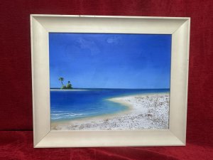 Matching Pair Of Modernistic Bright Paradise Island At Sea Oil Paintings.Paintings In The Manner Of Henderson CISZ. Pair Tropical Paradise Island Beach Scene Oil Paintings Signed S OFRA. Composition - Oil On Canvas.