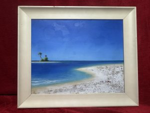 Matching Pair Of Modernistic Bright Paradise Island At Sea Oil Paintings.Paintings In The Manner Of Henderson CISZ. Pair Tropical Paradise Island Beach Scene Oil Paintings Signed S OFRA. Composition - Oil On Canvas.