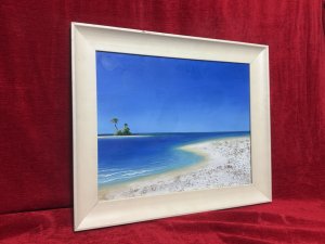 Matching Pair Of Modernistic Bright Paradise Island At Sea Oil Paintings.Paintings In The Manner Of Henderson CISZ. Pair Tropical Paradise Island Beach Scene Oil Paintings Signed S OFRA. Composition - Oil On Canvas.