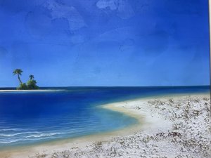 Matching Pair Of Modernistic Bright Paradise Island At Sea Oil Paintings.Paintings In The Manner Of Henderson CISZ. Pair Tropical Paradise Island Beach Scene Oil Paintings Signed S OFRA. Composition - Oil On Canvas.