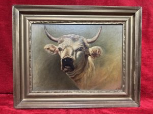 19th Century Prize White Bull Oil Painting Signed E Wood. Composition - Oil On Canvas. Known Artist E Wood Impeccable Composition.