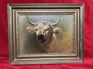 19th Century Prize White Bull Oil Painting Signed E Wood. Composition - Oil On Canvas. Known Artist E Wood Impeccable Composition.