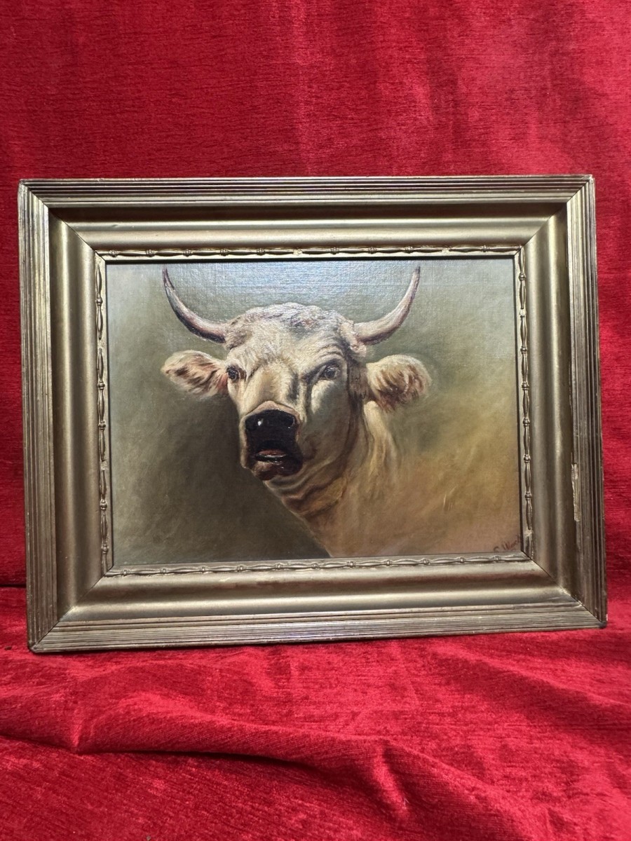 19th Century Prize White Hereford Bull Portrait Oil Painting Signed E Wood