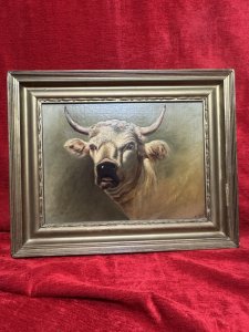 19th Century Prize White Bull Oil Painting Signed E Wood. Composition - Oil On Canvas. Known Artist E Wood Impeccable Composition.