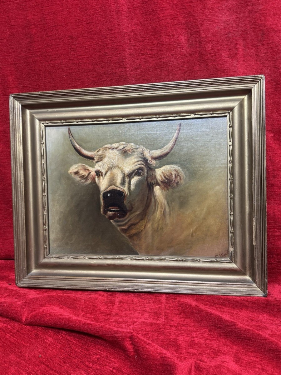 19th Century Prize White Hereford Bull Portrait Oil Painting Signed E Wood