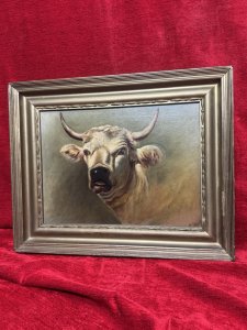 19th Century Prize White Bull Oil Painting Signed E Wood. Composition - Oil On Canvas. Known Artist E Wood Impeccable Composition.
