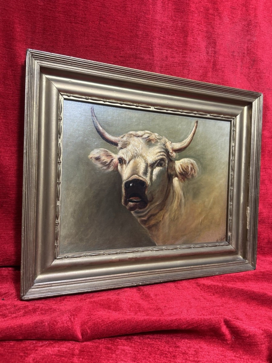 19th Century Prize White Hereford Bull Portrait Oil Painting Signed E Wood