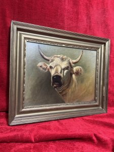 19th Century Prize White Bull Oil Painting Signed E Wood. Composition - Oil On Canvas. Known Artist E Wood Impeccable Composition.