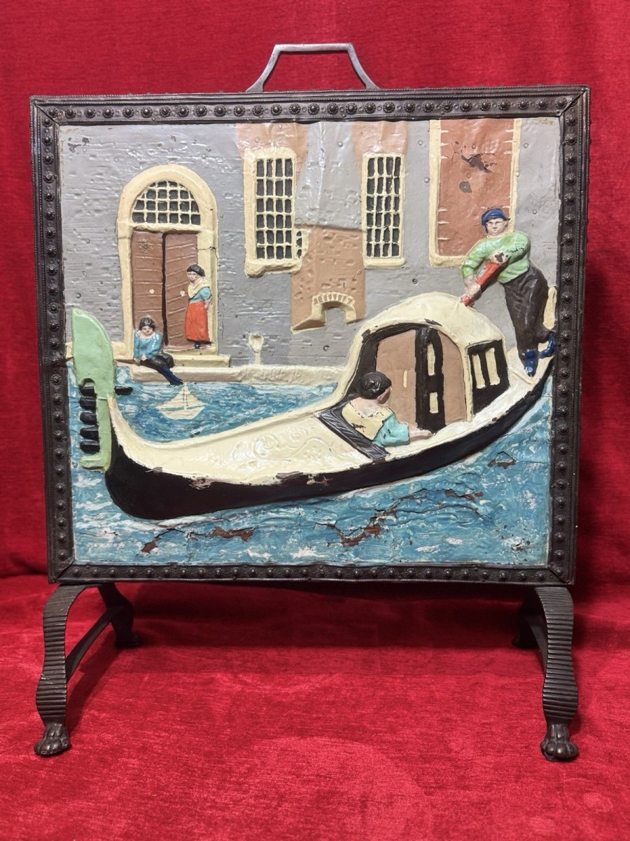 Primary image for Rare Antique Venetian Gondola Scene Brass Fire Screen Circa 1880