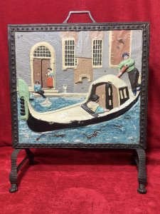 Ornate Venetian Panel Fire Screen With Surrounding Stud Detailing. Rare Brass Fire Screen With Embossed Venetian Gondola Scene Circa 1880. Circa - 1880. Wonderfully Overpainted Bright Scene.