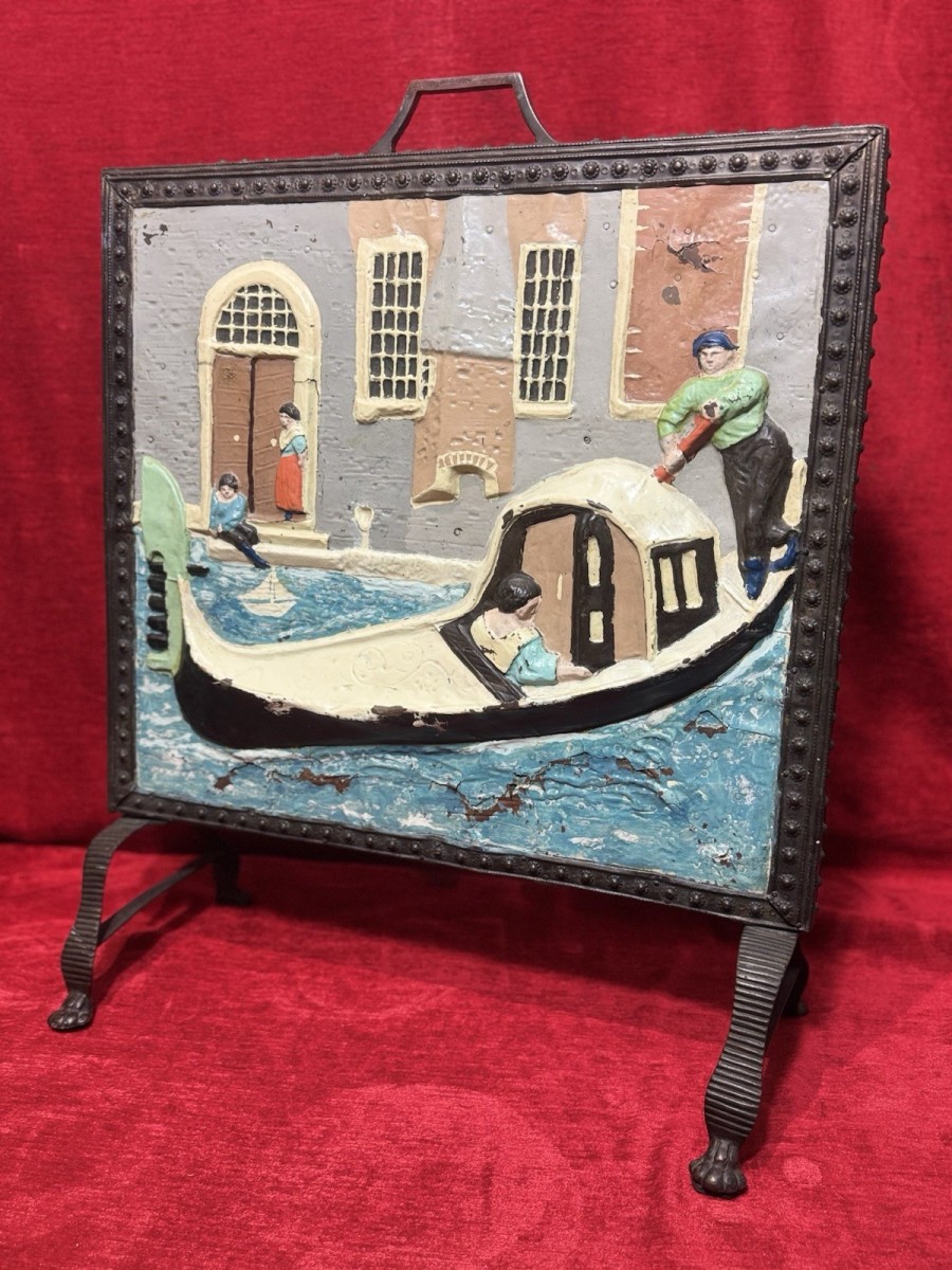 Rare Antique Venetian Gondola Scene Brass Fire Screen Circa 1880
