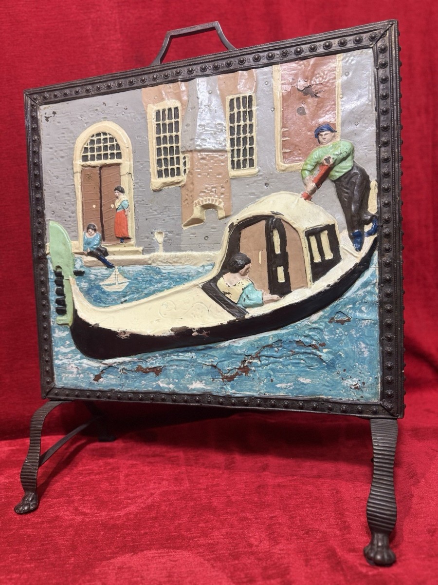 Rare Antique Venetian Gondola Scene Brass Fire Screen Circa 1880
