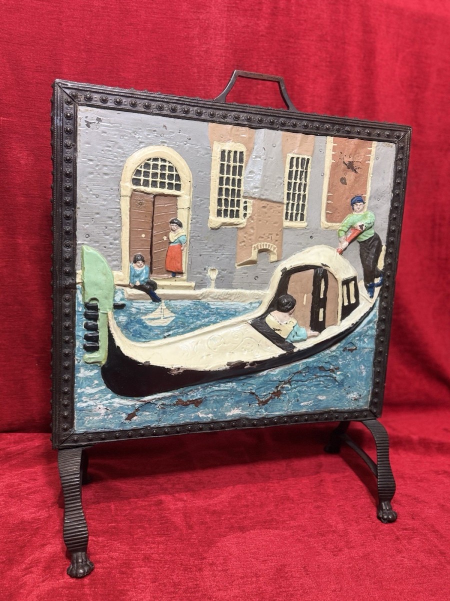 Rare Antique Venetian Gondola Scene Brass Fire Screen Circa 1880
