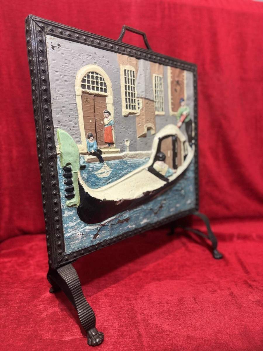 Rare Antique Venetian Gondola Scene Brass Fire Screen Circa 1880