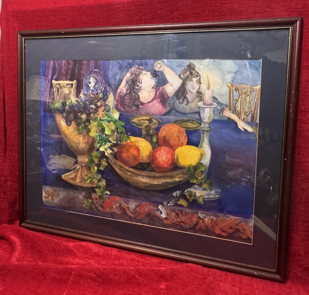 Primary image for 2oth Century Folk Art Still Life Painting With Three Ladies Dining Mixed Media