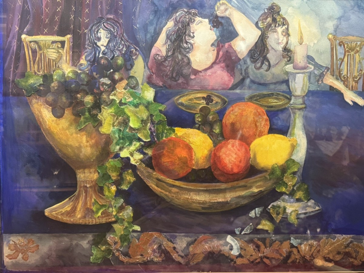 2oth Century Folk Art Still Life Painting With Three Ladies Dining Mixed Media