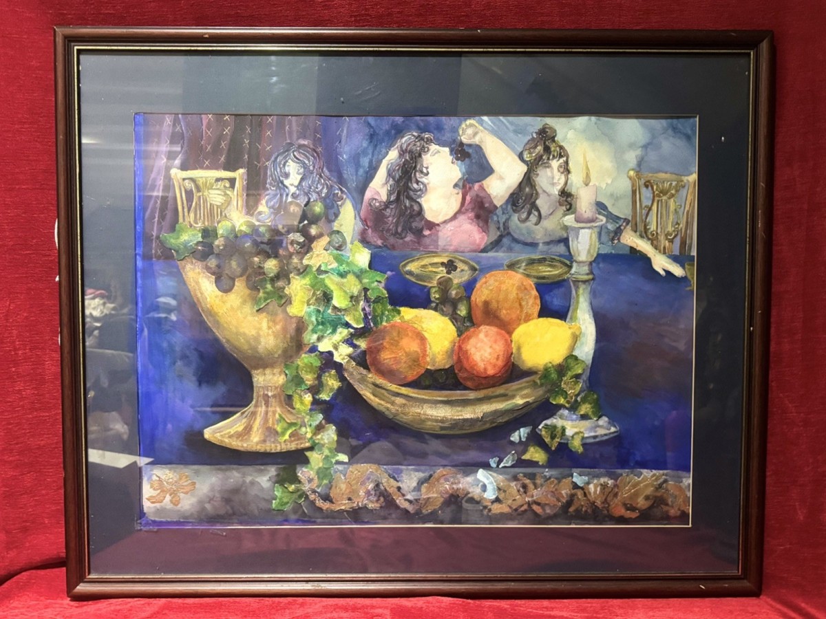 2oth Century Folk Art Still Life Painting With Three Ladies Dining Mixed Media