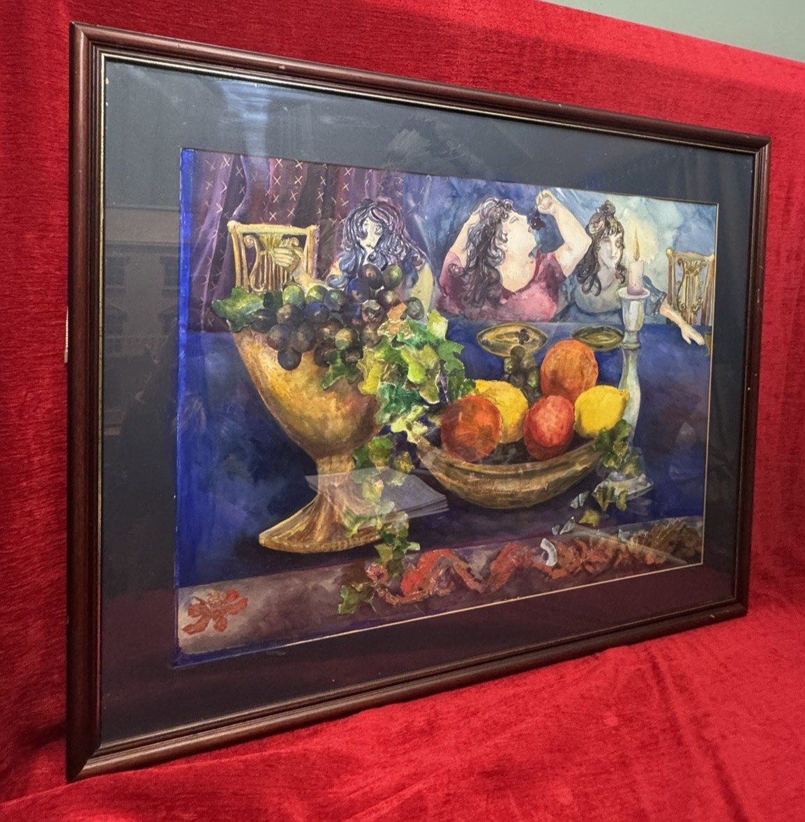 2oth Century Folk Art Still Life Painting With Three Ladies Dining Mixed Media