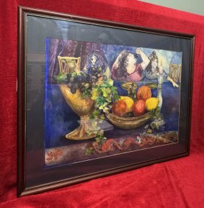 The Scene Is Set At A Elegant Banqueting Suite With Chippendale Style Chairs. The Table Laid With A Blue Covering, Behind The Fruit Bouquet Composition Sits Three Ladies. The Central Lady Uncouthly Dangles A Bunch Of Grapes Into Her Mouth, The Left Female Looks Bewildered At A Martini Glass and The Female Sitting To The Right Stares At The Flaming Candle.