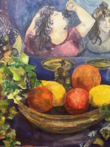 The Scene Is Set At A Elegant Banqueting Suite With Chippendale Style Chairs. The Table Laid With A Blue Covering, Behind The Fruit Bouquet Composition Sits Three Ladies. The Central Lady Uncouthly Dangles A Bunch Of Grapes Into Her Mouth, The Left Female Looks Bewildered At A Martini Glass and The Female Sitting To The Right Stares At The Flaming Candle.