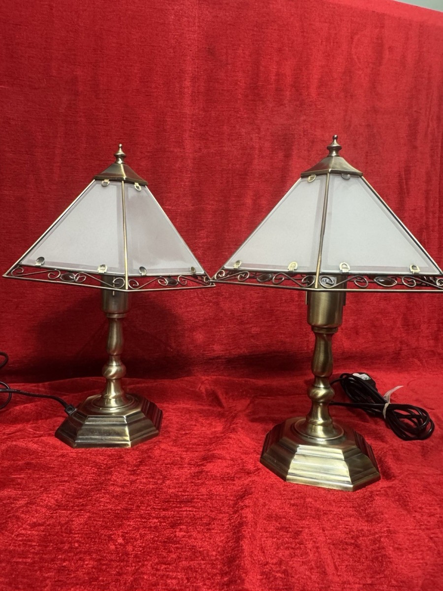 Pair Of Tiffany Style Antiqued Brass & Precious Stone Table Lamps