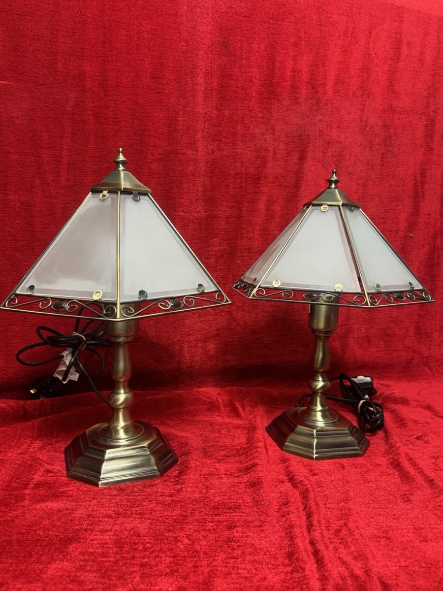 Pair Of Tiffany Style Antiqued Brass & Precious Stone Table Lamps