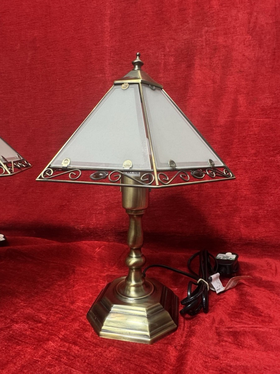 Pair Of Tiffany Style Antiqued Brass & Precious Stone Table Lamps