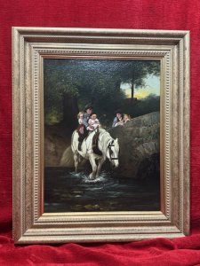 Period Antique Reproduction Of The Original Oil Painting Titled 'Steady' By Fredrick Morgan (1847-1927). This Painting Depicts A Idillic Rural Scene With Children Crossing Through A Rivers Stream Upon Horseback, Other Siblings Stand On The Bridge In Anticipation.