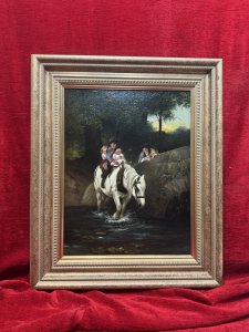 Period Antique Reproduction Of The Original Oil Painting Titled 'Steady' By Fredrick Morgan (1847-1927). This Painting Depicts A Idillic Rural Scene With Children Crossing Through A Rivers Stream Upon Horseback, Other Siblings Stand On The Bridge In Anticipation.