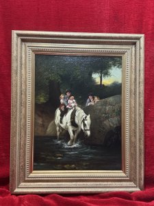 Period Antique Reproduction Of The Original Oil Painting Titled 'Steady' By Fredrick Morgan (1847-1927). This Painting Depicts A Idillic Rural Scene With Children Crossing Through A Rivers Stream Upon Horseback, Other Siblings Stand On The Bridge In Anticipation.
