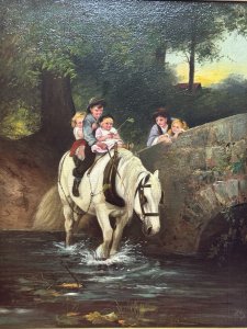 Period Antique Reproduction Of The Original Oil Painting Titled 'Steady' By Fredrick Morgan (1847-1927). This Painting Depicts A Idillic Rural Scene With Children Crossing Through A Rivers Stream Upon Horseback, Other Siblings Stand On The Bridge In Anticipation.