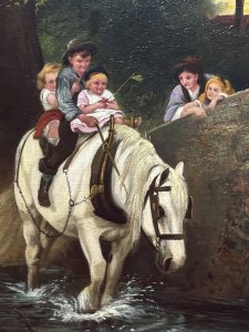 Period Antique Reproduction Of The Original Oil Painting Titled 'Steady' By Fredrick Morgan (1847-1927). This Painting Depicts A Idillic Rural Scene With Children Crossing Through A Rivers Stream Upon Horseback, Other Siblings Stand On The Bridge In Anticipation.