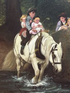 Period Antique Reproduction Of The Original Oil Painting Titled 'Steady' By Fredrick Morgan (1847-1927). This Painting Depicts A Idillic Rural Scene With Children Crossing Through A Rivers Stream Upon Horseback, Other Siblings Stand On The Bridge In Anticipation.