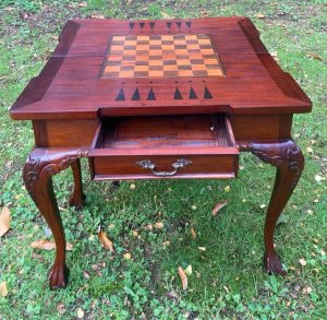 The Body Of The Table Has A Decorative Central Frieze Pull Out Drawer For Storage Of Chess/Backgammon Pieces.