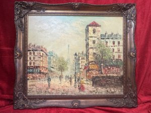 Brief Artist Bio - Caroline Burnett b1877-d1950. Bold Oil Painting By Artist Caroline Burnett. The Eiffel Tower Dominates The Painting in The Distance Towering Over The Artwork. Using both light and shadow with skill and precision, she painted cityscapes showing all seasons in Paris.