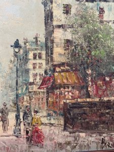 Brief Artist Bio - Caroline Burnett b1877-d1950. Bold Oil Painting By Artist Caroline Burnett. The Eiffel Tower Dominates The Painting in The Distance Towering Over The Artwork. Using both light and shadow with skill and precision, she painted cityscapes showing all seasons in Paris.