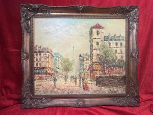 Brief Artist Bio - Caroline Burnett b1877-d1950. Bold Oil Painting By Artist Caroline Burnett. The Eiffel Tower Dominates The Painting in The Distance Towering Over The Artwork. Using both light and shadow with skill and precision, she painted cityscapes showing all seasons in Paris.