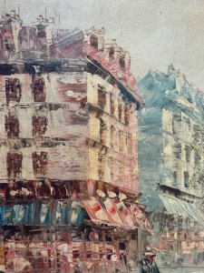 Brief Artist Bio - Caroline Burnett b1877-d1950. Bold Oil Painting By Artist Caroline Burnett. The Eiffel Tower Dominates The Painting in The Distance Towering Over The Artwork. Using both light and shadow with skill and precision, she painted cityscapes showing all seasons in Paris.