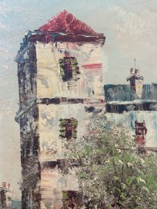 Brief Artist Bio - Caroline Burnett b1877-d1950. Bold Oil Painting By Artist Caroline Burnett. The Eiffel Tower Dominates The Painting in The Distance Towering Over The Artwork. Using both light and shadow with skill and precision, she painted cityscapes showing all seasons in Paris.