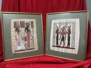 Wonderful Detailed Pair Of Egyptian Papyrus Framed Wall Hangings Circa - 1890 Composition - Papyrus Plant Paper/Ink Artwork 1 - Queen Nefertari Being Led By Goddess Isis. Argwork 2 - Pharoah King Ramessis II Blessing By Flanked Goddess Isis And Hathor. Dimensions In Inches Height 20” x Width 17”