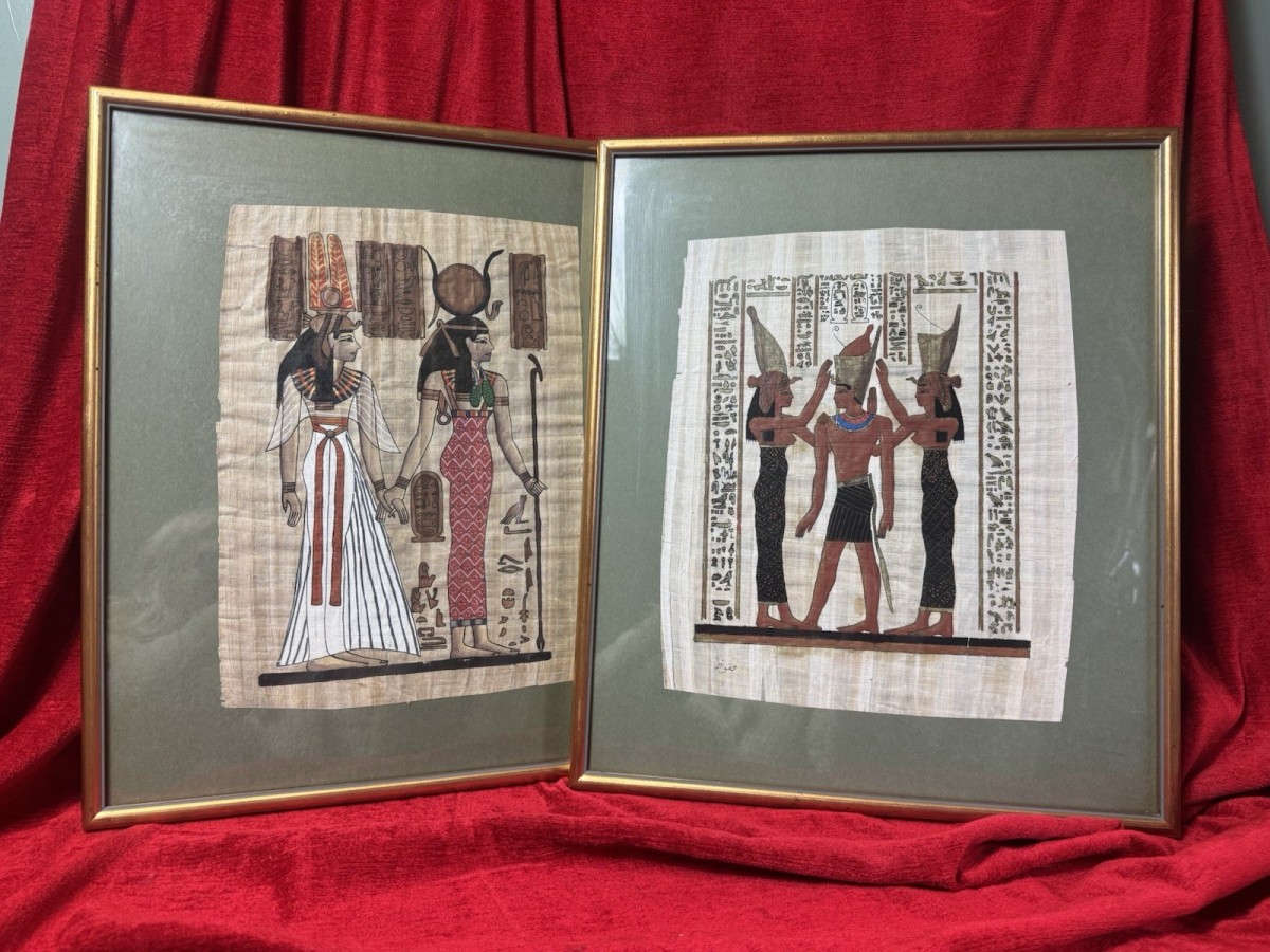 Pair Egyptian Papyrus Art Queen Nefratiti/ Ramses Ii Mythological Paintings