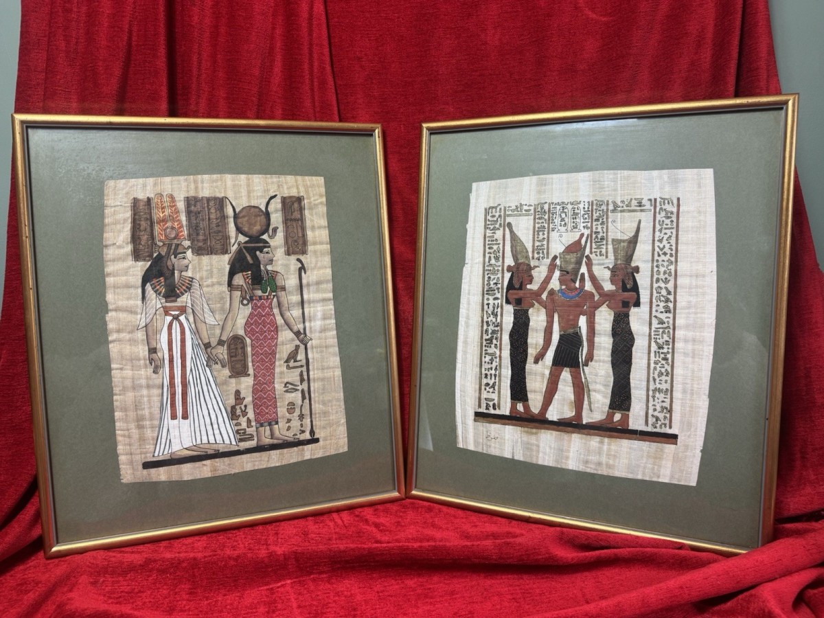 Pair Egyptian Papyrus Art Queen Nefratiti/ Ramses Ii Mythological Paintings