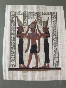 Wonderful Detailed Pair Of Egyptian Papyrus Framed Wall Hangings Circa - 1890 Composition - Papyrus Plant Paper/Ink Artwork 1 - Queen Nefertari Being Led By Goddess Isis. Argwork 2 - Pharoah King Ramessis II Blessing By Flanked Goddess Isis And Hathor. Dimensions In Inches Height 20” x Width 17”
