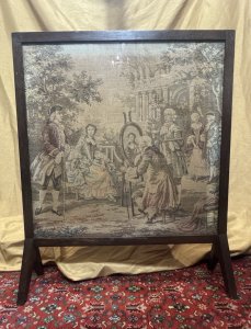 Wonderful French Tapestry Scene Depicting Sitting Noble Woman In Elaborate Powder Blue & Lemon Robe A La Francaise, Sitting In Outdoor Garden Setting, An Artist Paints Her Portrait At Easel Whilst She Gazes At Her Dashing Husband Standing Next To Her.