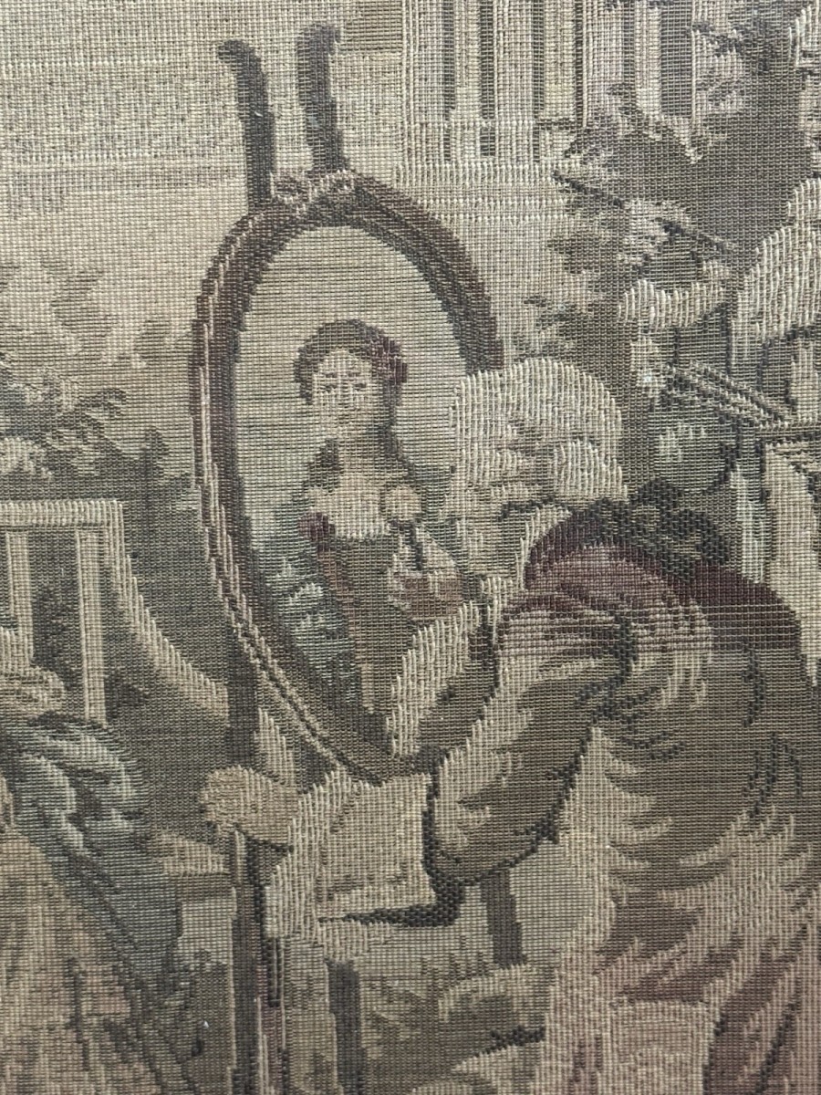 French Silk Tapestry 18c Courtiers In Garden Scene Fire-screen Hardwood Frame