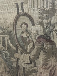 Wonderful French Tapestry Scene Depicting Sitting Noble Woman In Elaborate Powder Blue & Lemon Robe A La Francaise, Sitting In Outdoor Garden Setting, An Artist Paints Her Portrait At Easel Whilst She Gazes At Her Dashing Husband Standing Next To Her.