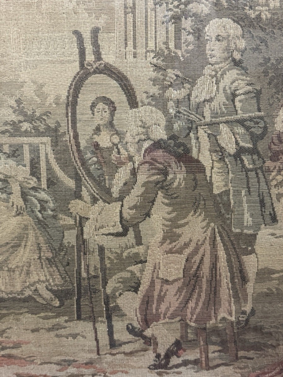 French Silk Tapestry 18c Courtiers In Garden Scene Fire-screen Hardwood Frame