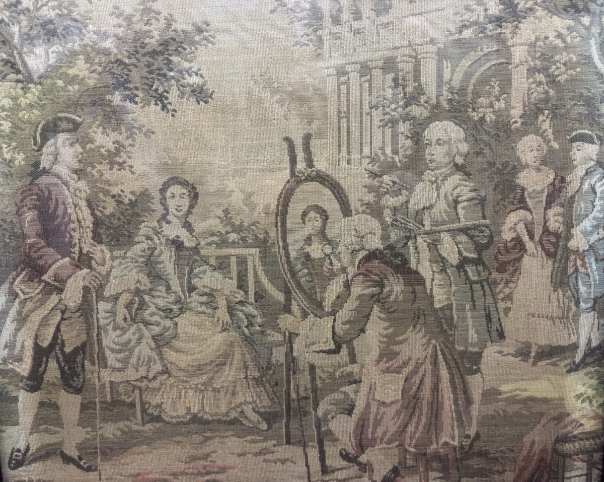 French Silk Tapestry 18c Courtiers In Garden Scene Fire-screen Hardwood Frame