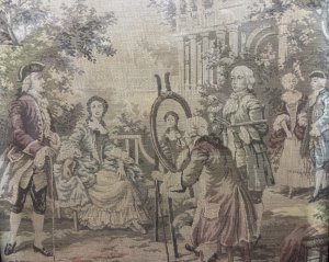 Wonderful French Tapestry Scene Depicting Sitting Noble Woman In Elaborate Powder Blue & Lemon Robe A La Francaise, Sitting In Outdoor Garden Setting, An Artist Paints Her Portrait At Easel Whilst She Gazes At Her Dashing Husband Standing Next To Her.